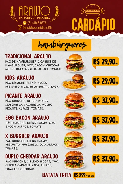 Cardápio de hambúrgueres da Araújo